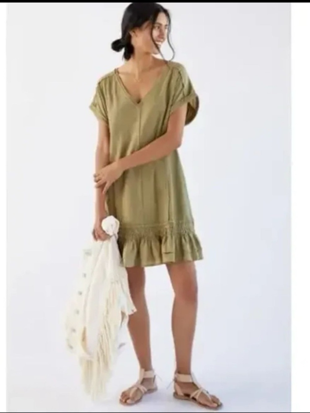 Anthropologie Daily Practice Solana Olive Green Ruffled Hem Tunic Dress Size XSP